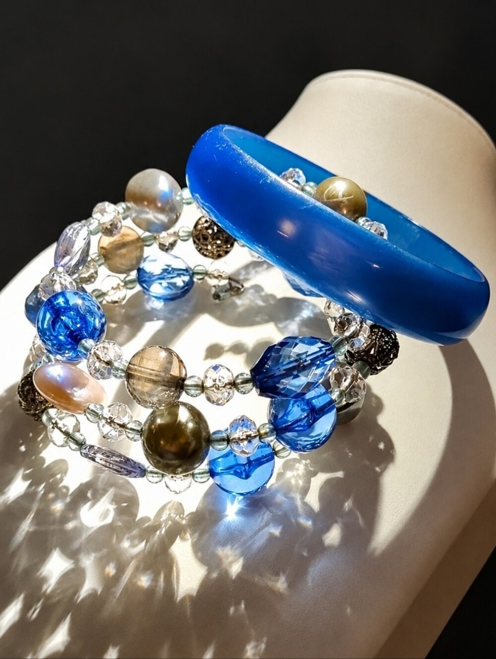 Pair Blue Plastic Lucite Bangle and Memory Wire Faux Pearl Bracelets Vintage